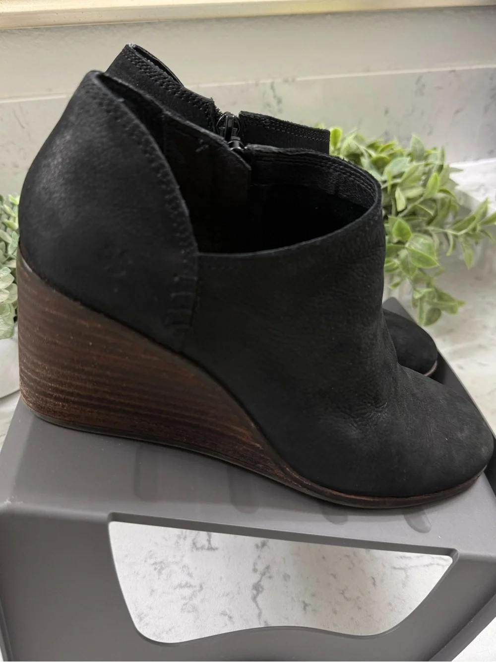 Lucky Brand Zemlin Wedge Bootie V-Notch Cutout Accent